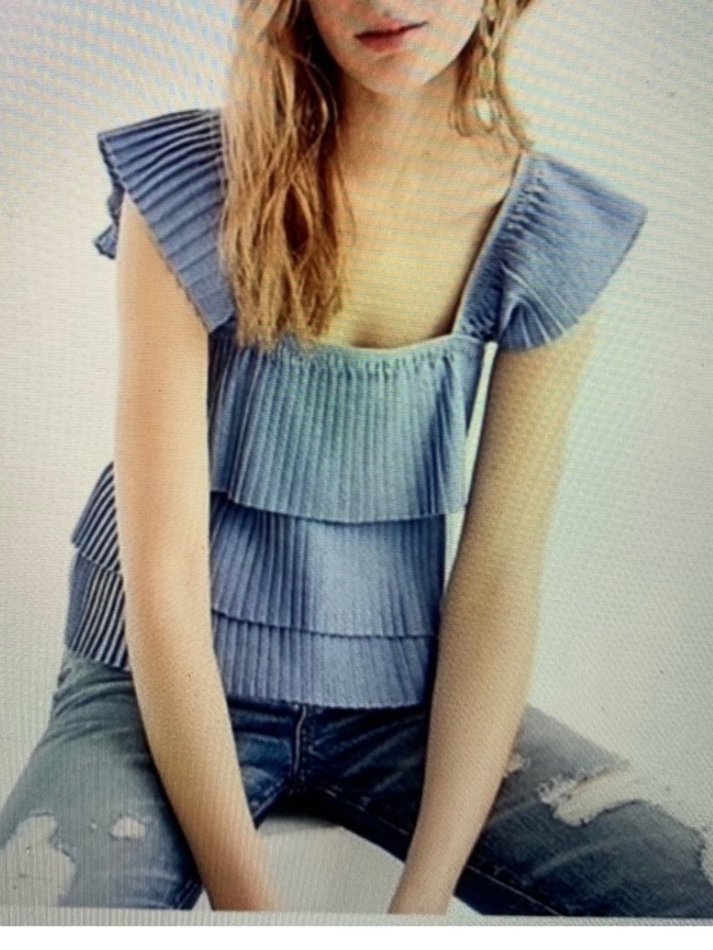 J. Crew Blue Pleated Ruffle Tank Top